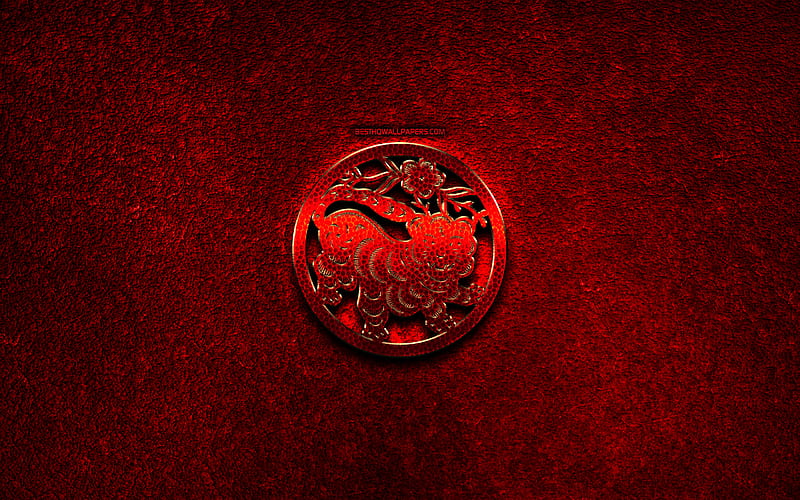 Tiger, Chinese zodiac, red metal signs, creative, Chinese calendar, Tiger zodiac sign, red stone background, Chinese Zodiac Signs, Tiger zodiac, HD wallpaper