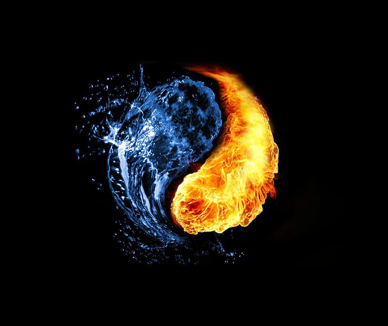 Fire And Water, abstract, black, blue, orange, yang, yin, HD wallpaper