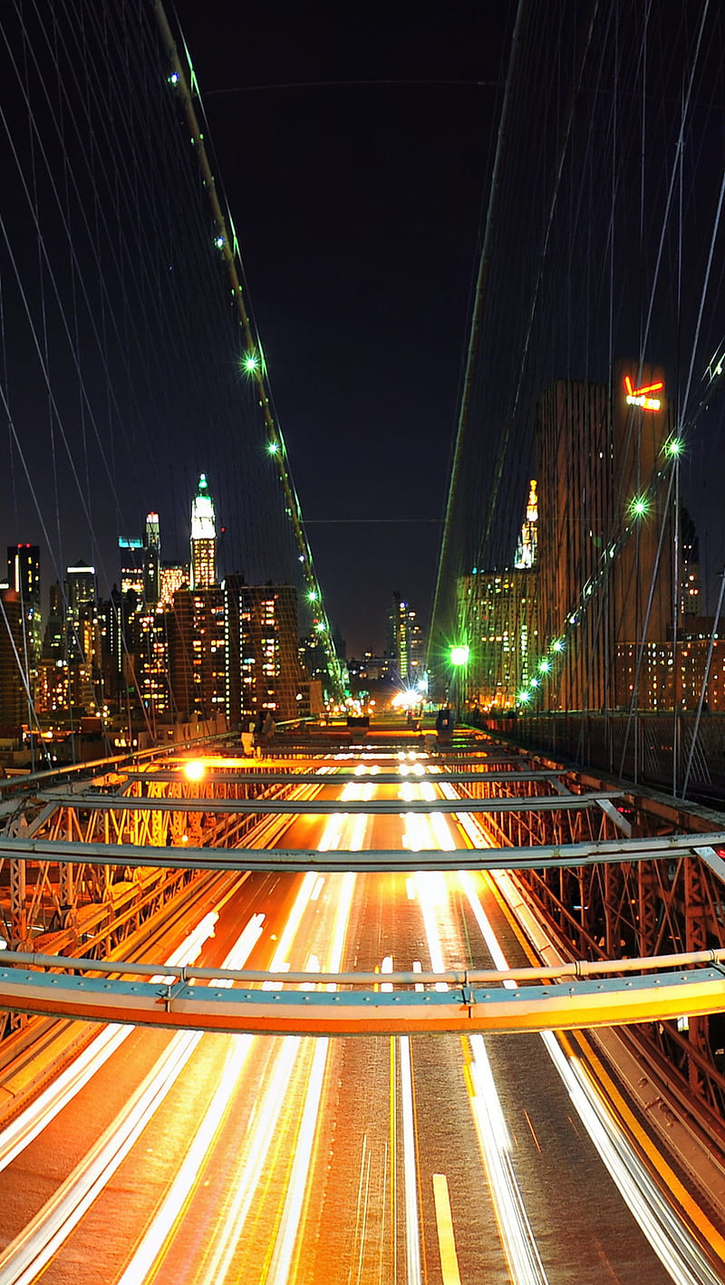 Bridge, highway, lights, night, town, HD phone wallpaper