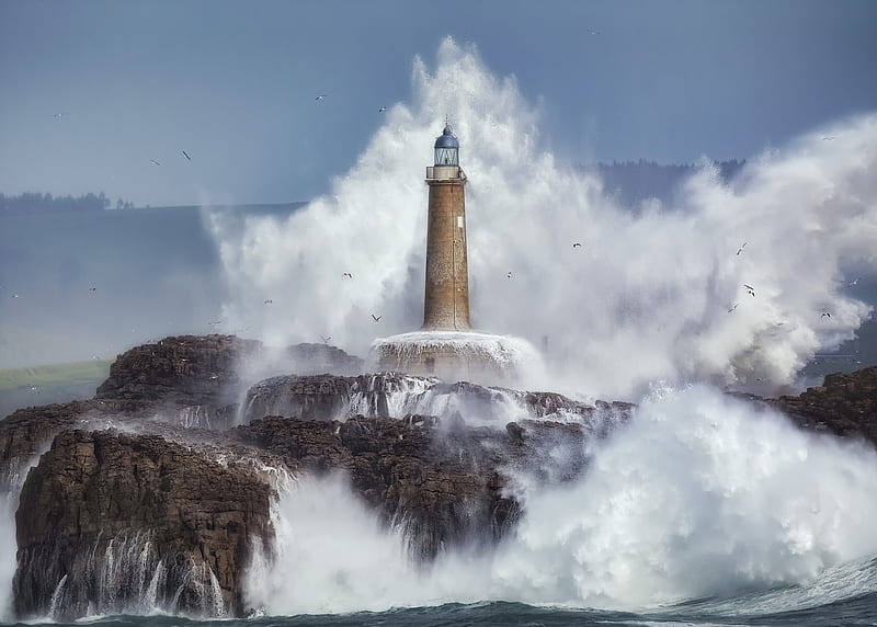 Lighthouse, sea, wave, waves, rocks, nature, force, ocean, house, sky, HD wallpaper