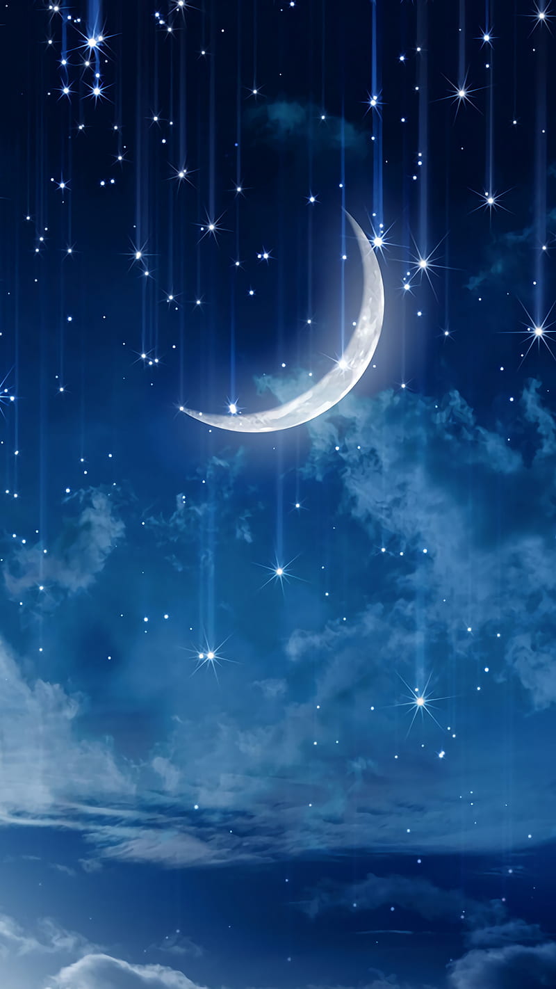 Falling Stars, blue, clouds, moon, night, sky, star, white, HD phone  wallpaper | Peakpx