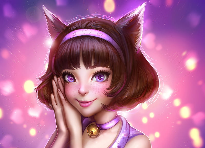 Wallpaper blue eyes, women, cats, League of Legends, digital art, fan art,  anime girls, purple hair for mobile and desktop, section арт, resolution  1920x1888 - download