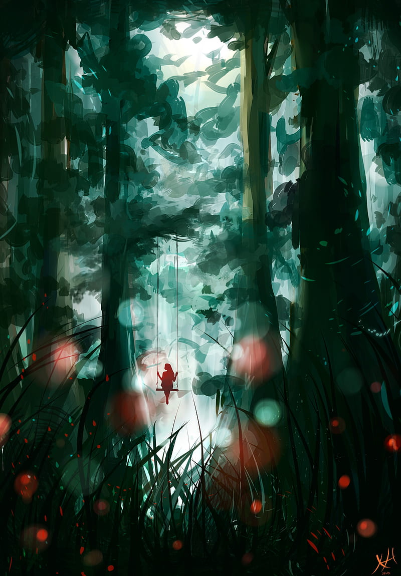 forest, swing, fantasy girl, scenic, bokeh, plants, Fantasy, HD phone wallpaper