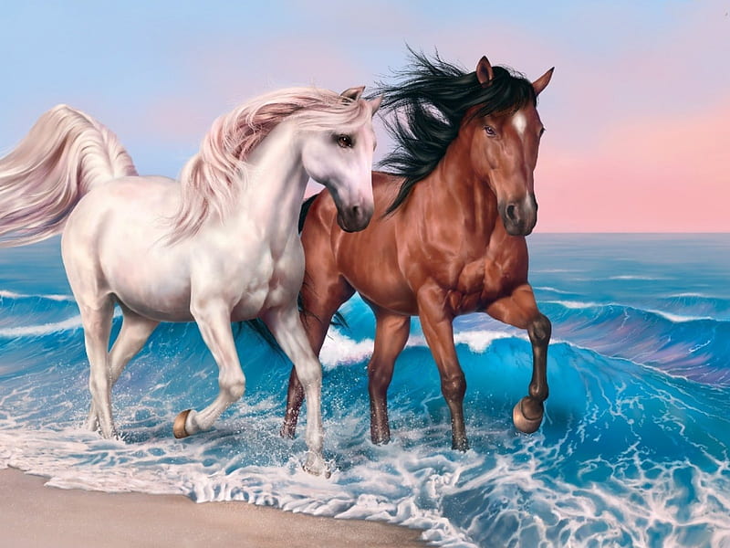 Two Horses, beach, waves, horses, animal, HD wallpaper