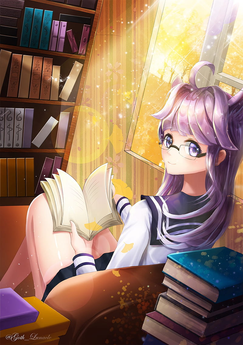 anime, anime girls, books, legs, long hair, purple hair, purple eyes, glasses, animal ears, reading, HD phone wallpaper