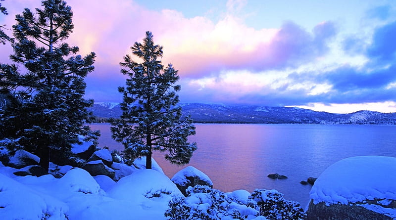 Lake Tahoe, California, After Snowfall, rocks, water, colors, sunset, trees, clouds, sky, HD wallpaper