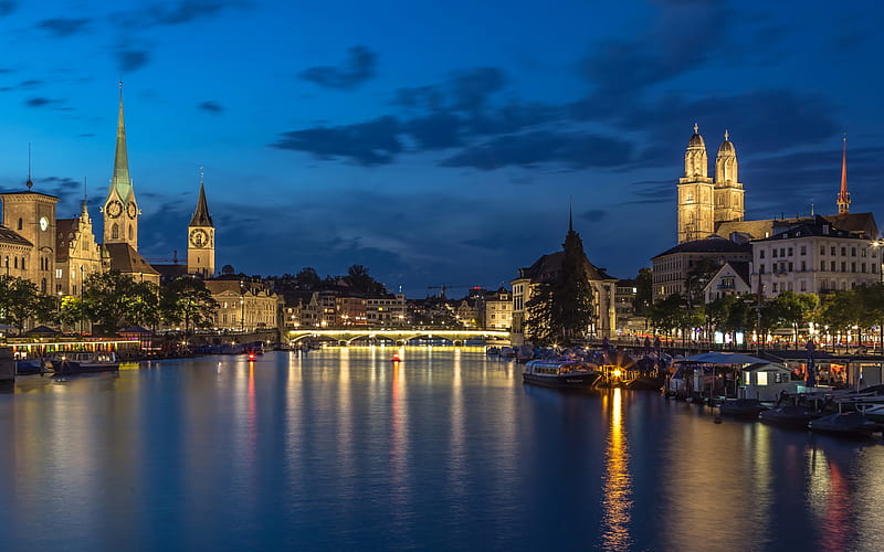 Zurich, evening, Grossmunster, bridge, Romanesque-style Switzerland, HD wallpaper