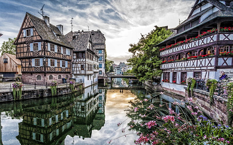 Strasbourg, evening, sunset, canal, Strasbourg cityscape, french cities, France, HD wallpaper