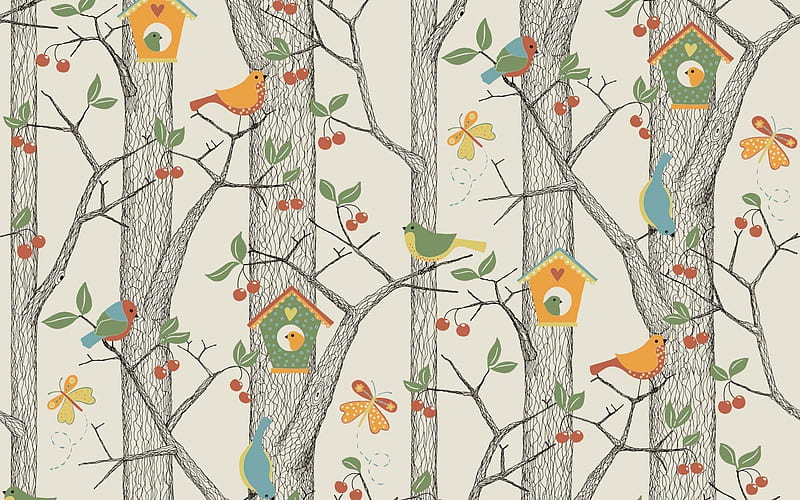 Texture, pattern, house, pasare, yellow, branch, tree, green, bird, paper, HD wallpaper