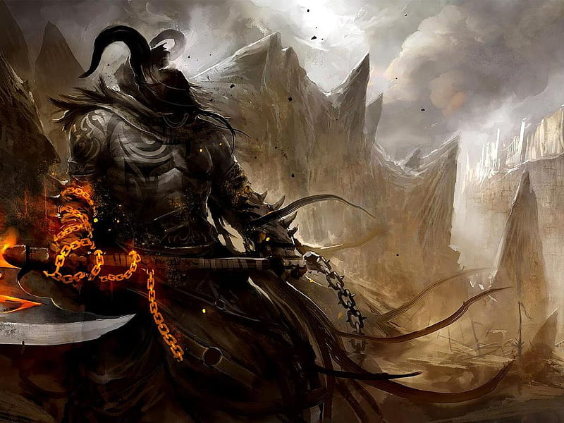 warrior, mountains, hot chain, smoke, sword, body armour, horns, HD wallpaper
