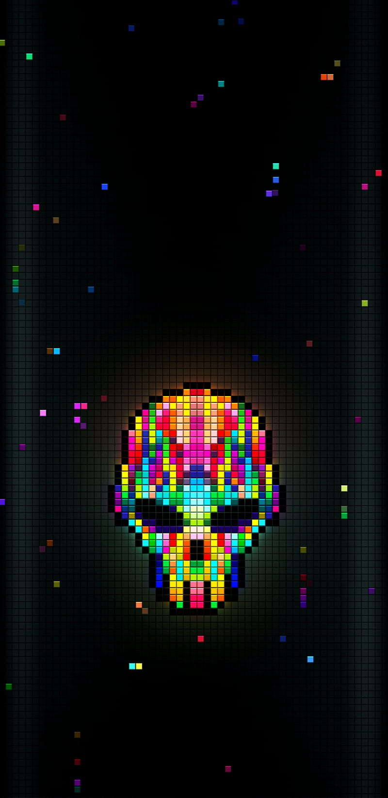 pixalated skull, bright, colors, colorful, lights, pixal, rainbow, skull, HD phone wallpaper