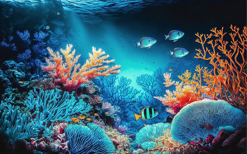 Underwater, coral reefs, fish, art, HD wallpaper
