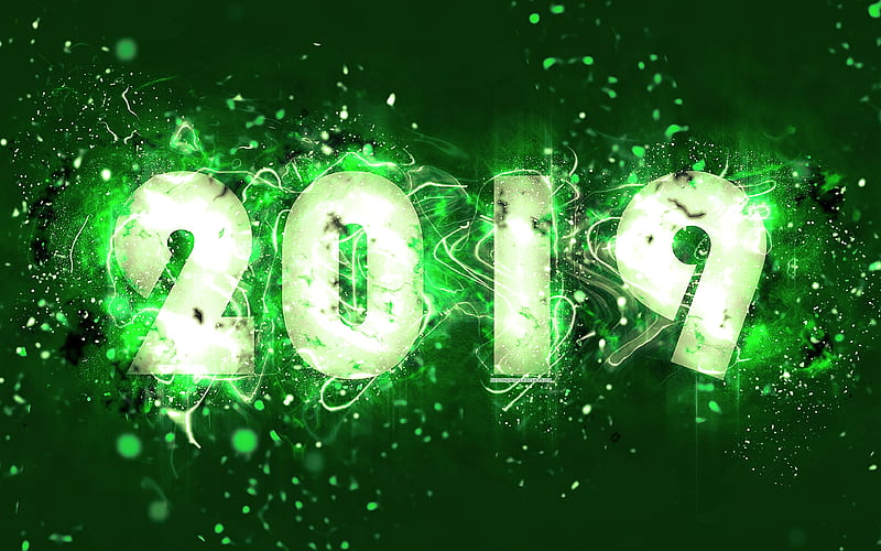 2019 year, neon lights, abstract art, 2019 concepts, green background, creative, Happy New Year 2019, HD wallpaper