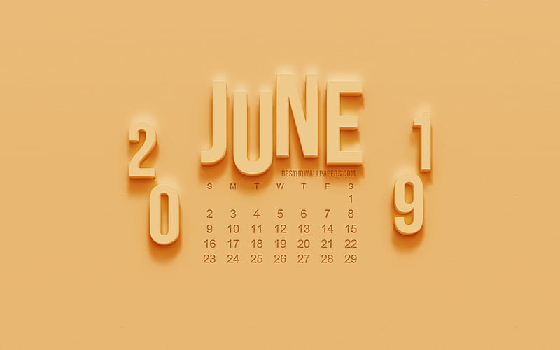 2019 June Calendar, orange background, 3d art, calendar for June 2019, creative art, wall texture, 2019 calendars, HD wallpaper
