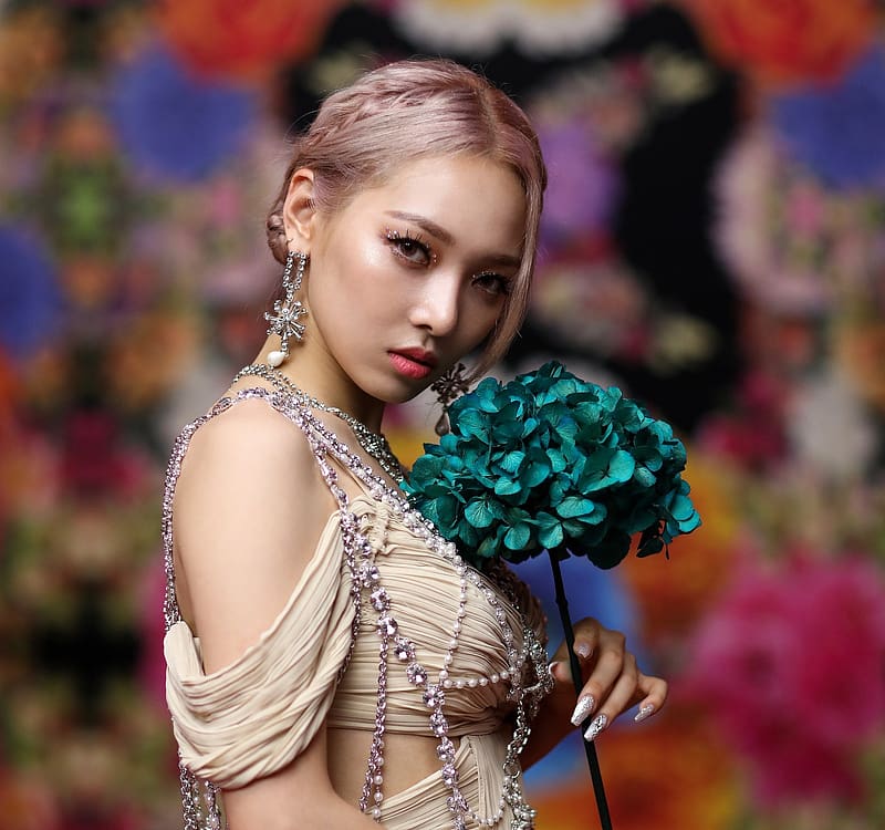:), blue, somin, model, girl, asian, pop, flower, kard k, blonde, jewel, HD wallpaper