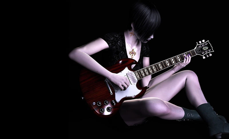She plays guitar, red, necklace, guitar, girl, earrings, black, cross, HD  wallpaper | Peakpx