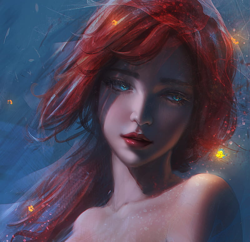 Ariel, frumusete, fantasy, redhead, luminos, mermaid, face, trungbui42 ...
