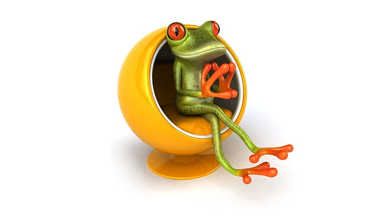 Waiting, broasca, orange, yellow, creative, animal, frog, green, funny, chair, white, HD wallpaper