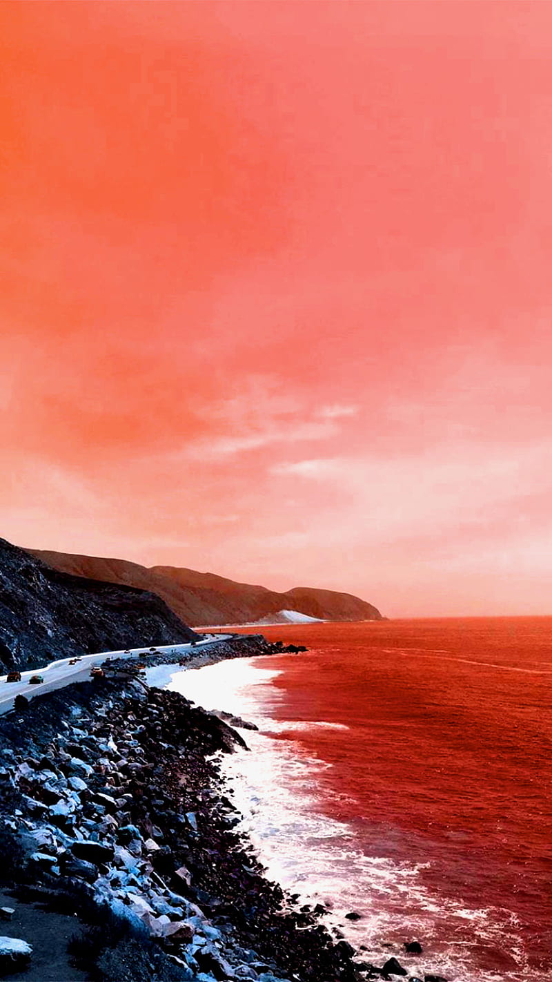 Red Sea, ocead, ocean, red sky, rocks, sky, HD phone wallpaper