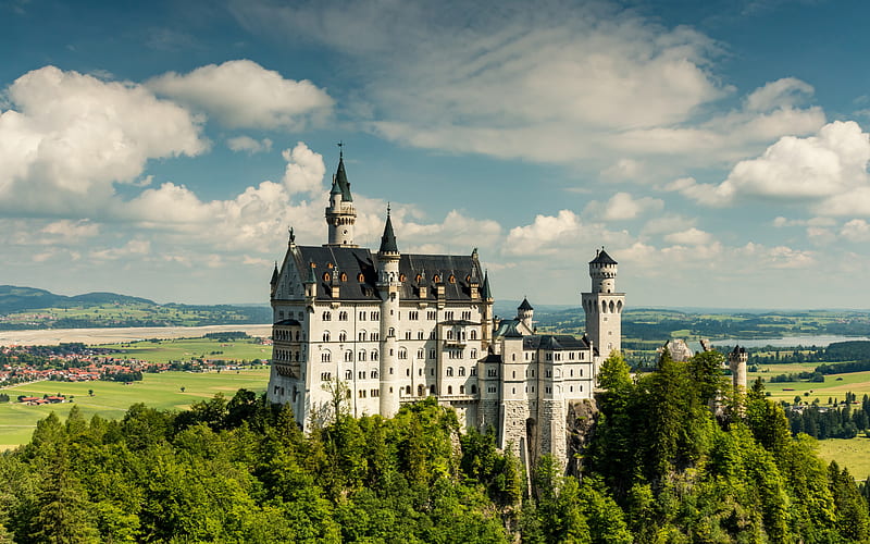 Neuschwanstein Castle, beautiful castle, blue sky, mountain landscape, romantic castle, Neuschwanstein, Hohenschwangau, Bavaria, Germany, HD wallpaper