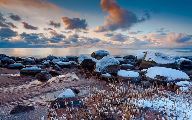Rocky Beach in Winter, beach, rocks, snow, Latvia, clouds, sea, winter, HD  wallpaper | Peakpx