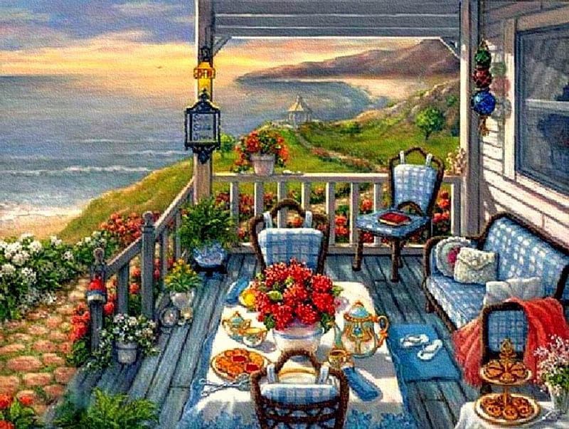 Inviting, table, flowrs, house, cobblestone walk, clouds, lake, water, porch, mountains, couch, chairs, deck, HD wallpaper