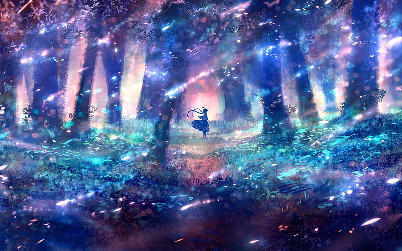 anime girl, forest, polychromatic, cape, scenery, trees, Anime, HD wallpaper