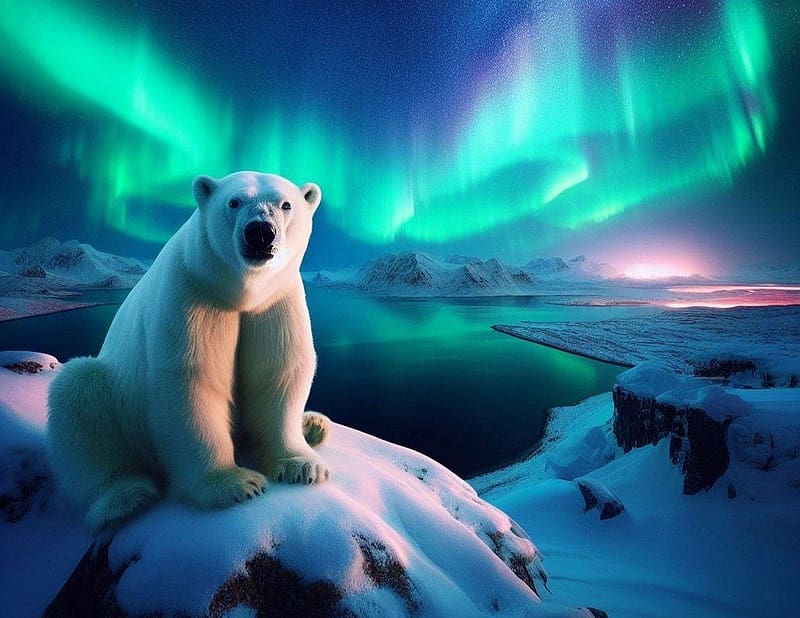Polar bear Aurora, medve, termeszet, eszaki feny, eszaki sark, jeghegyek, allat, jegesmedve, aurora borealis, HD wallpaper