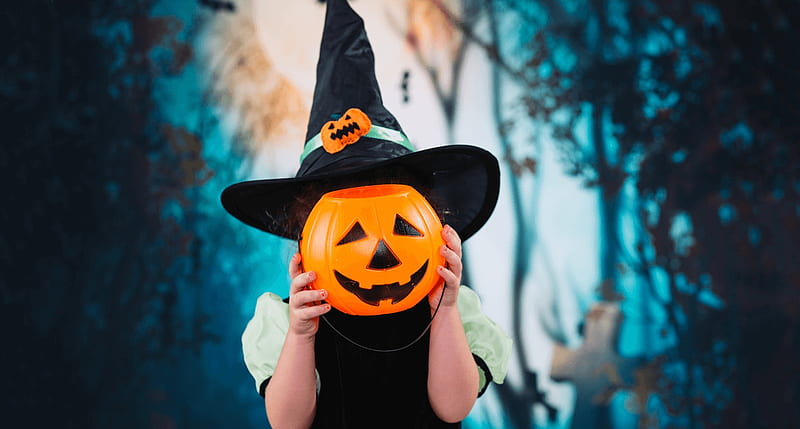 Happy Halloween!, hand, black, hat, card, witch, little, orange ...