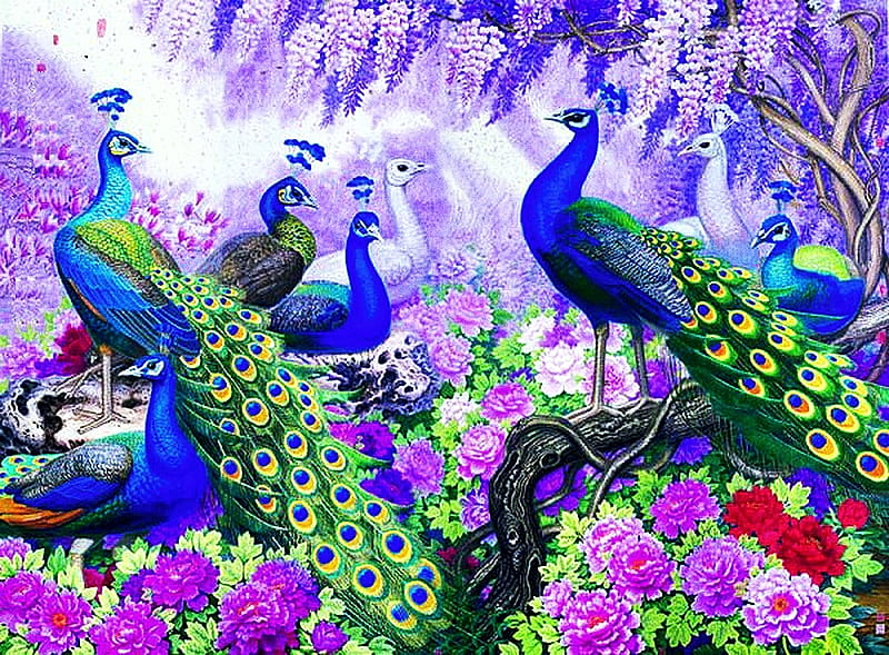 Peacocks, painting, colorful, flowers, artwork, HD wallpaper
