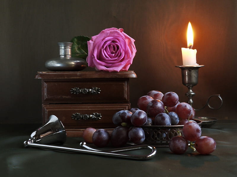 Still Life, with love, pretty, rose, bonito, grapes, graphy, nice, flowers, beauty, for you, light, vintage, candle, lovely, romantic, romance, colors, roses, candles, nature, HD wallpaper