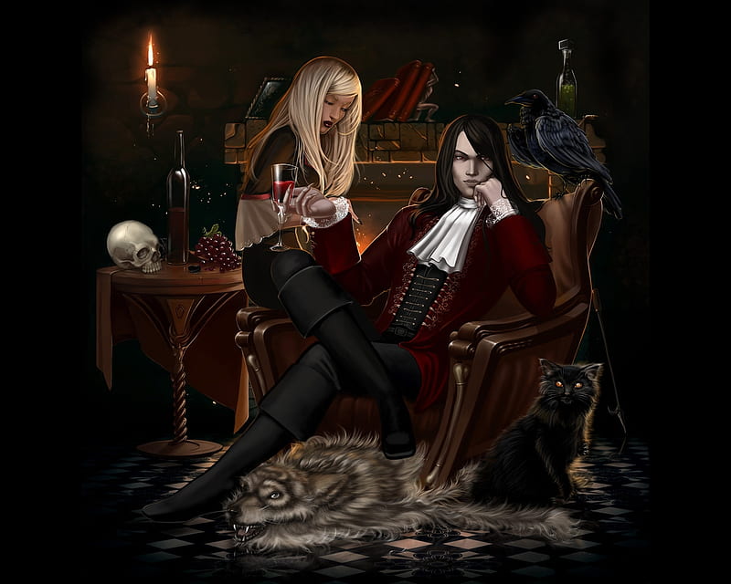 Vampire Lord W/ Girl Slave, girl, lord, vampire, slave, cat, HD wallpaper