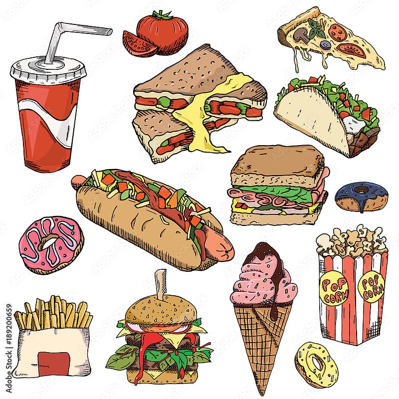 Fast food background. Snack collection. Junk food. Vector illustration, , backdrop. Vintage hand drawn sketch Stock Vector, HD phone wallpaper