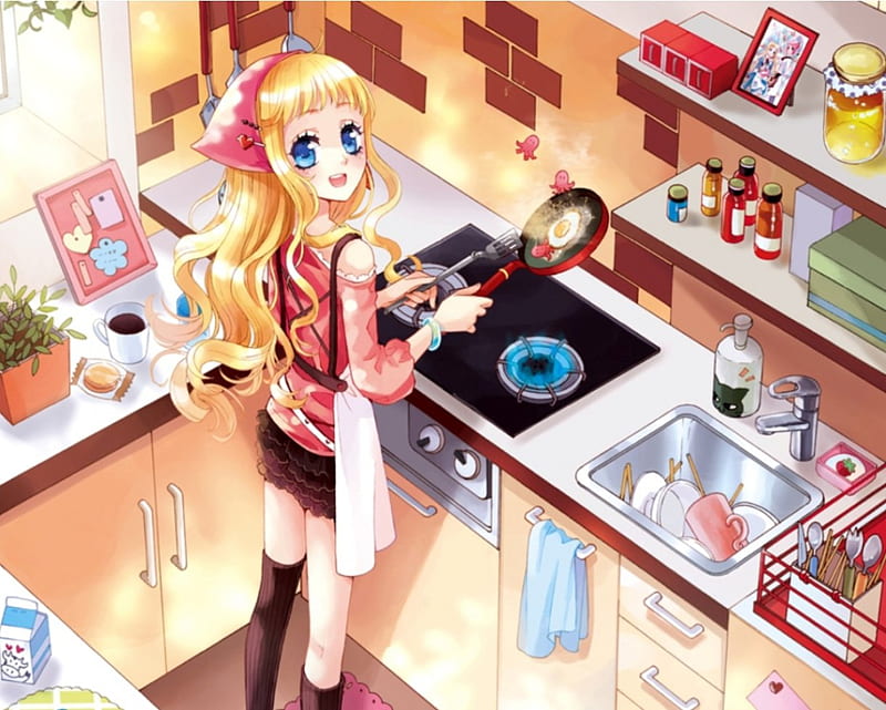 kitchen, sink, stove, squid, egg, anime, anime girl, apron, long hair, female, food, blonde, cute, girl, cup, plate, utensil, HD wallpaper