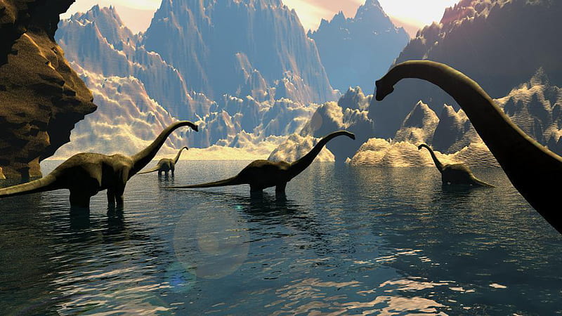 Dinosaurs Are Standing On Water Around Mountain Dinosaur, HD wallpaper