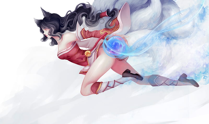 Ahri, red, ninetails, game, league of legends, ling, fantasy, girl, fox, white, blue, HD wallpaper