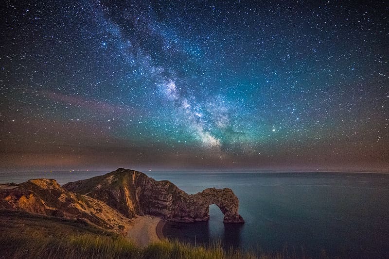 Sea, Night, Shore, , Milky Way, Cliff, Limestone, England, Durdle Door, Dorset, HD wallpaper
