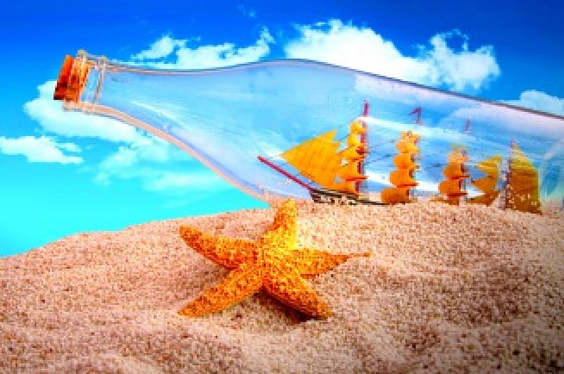 SUMMER STAR, sand, ship, bottle, cork, creative, starfish, HD wallpaper