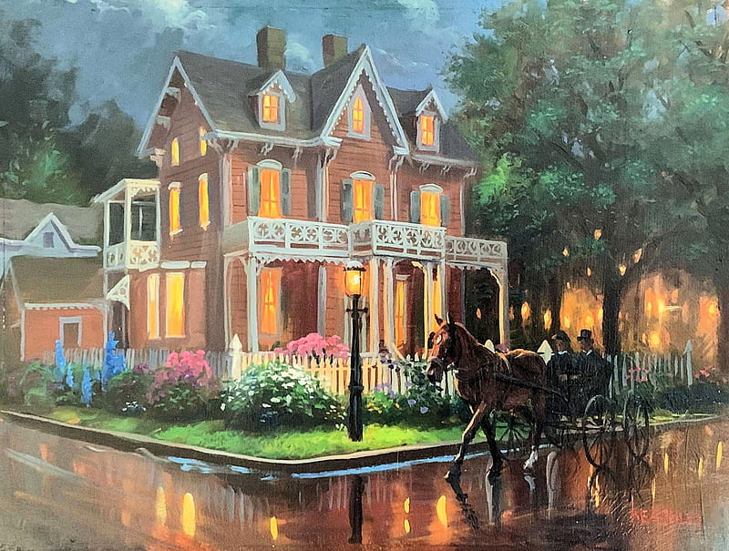 Cape May Jewel, house, rainy reflections, victorian, people, cart, horse, trees, artwork, painting, HD wallpaper