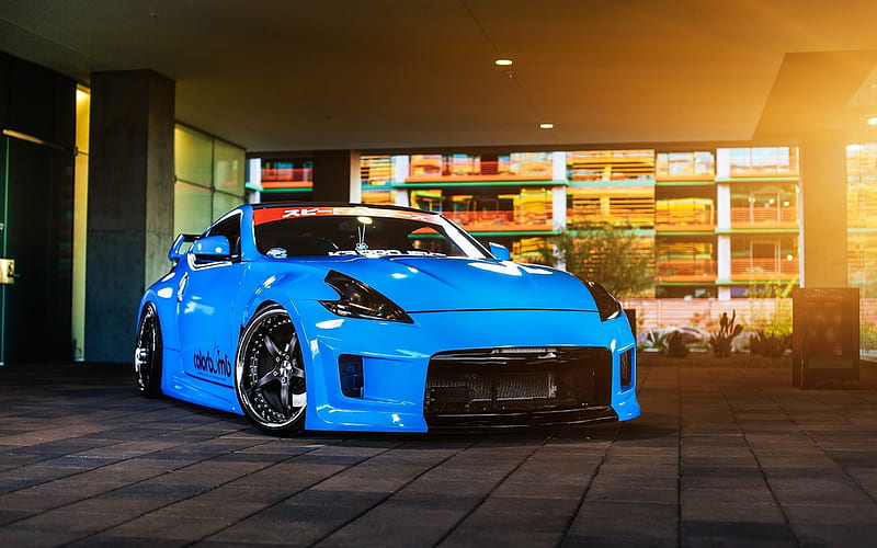 Nissan 370Z, low rider, tuning, japanese cars, blue 370z, stance, Nissan, HD wallpaper
