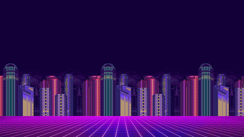 synthwave, cityscape, neon, 8-bit, HD wallpaper