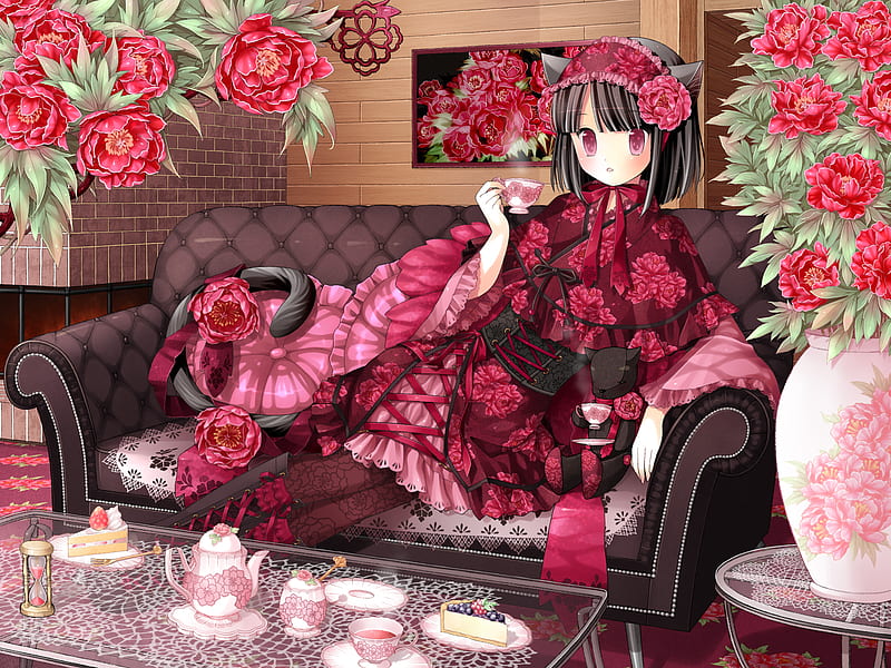 Flowery Tea, cake, red, pretty, bonito, sweets, blush, adorable, tea, anime, flowers, beauty, anime girl, pink, lovely, toy, kimono, roses, cat, doll, short hair, cute, girl, blushing, cat girl, relaxing, HD wallpaper