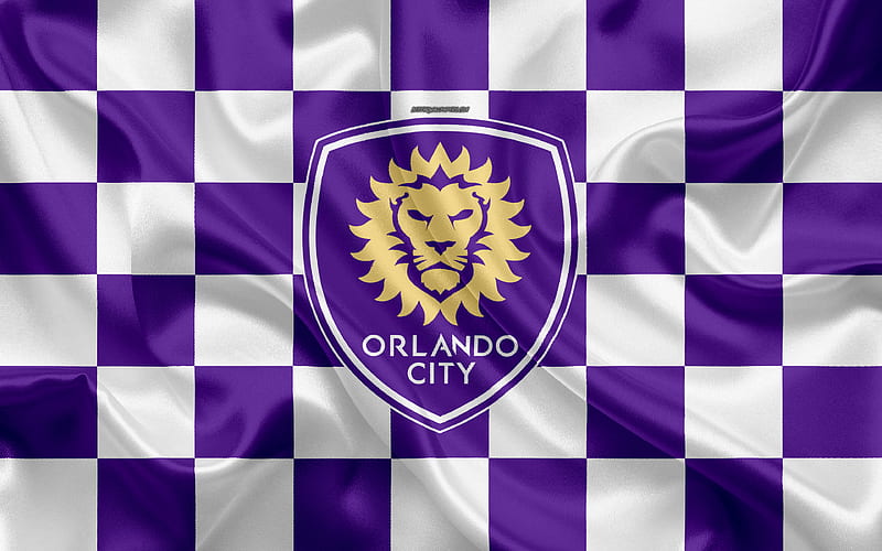 Orlando City SC logo, creative art, purple white checkered flag, American Soccer club, MLS, emblem, silk texture, Orlando, Florida, USA, football, Major League Soccer, HD wallpaper