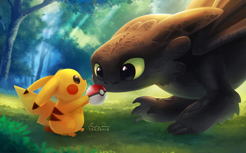 Pikachu With Pokeball Toothless, pikachu, , artwork, artist, how-to-train-your-dragon, HD wallpaper