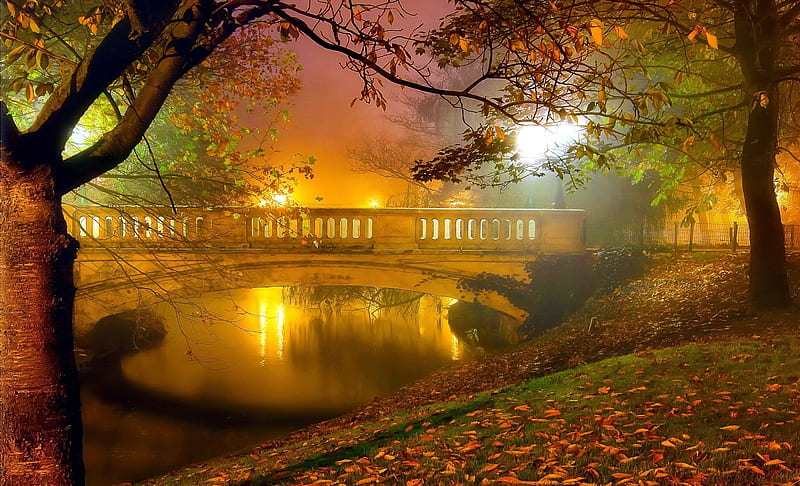 Autumn evening, lake, autumn, bridge, bonito, evening, trees ...