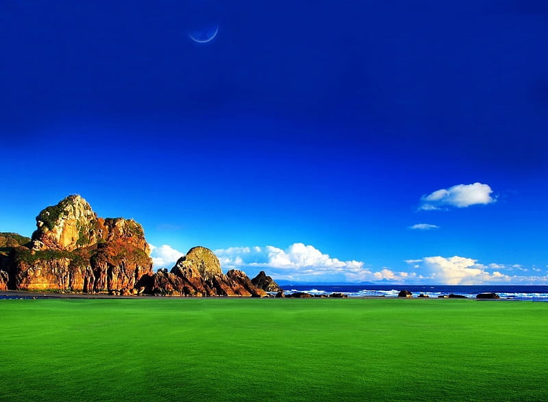 Clear Blue Sky, rocks, sun, grass, clear, sky, clouds, sea, beach, wawes, grasslands, water, green, beaches, landscape, coast, blue, HD wallpaper