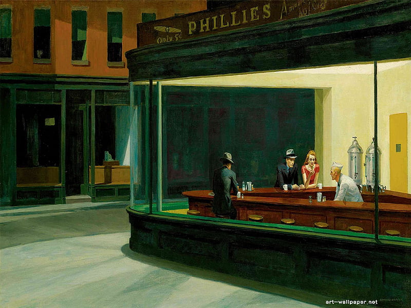 The Corner Diner, painting, city, diner, people, HD wallpaper