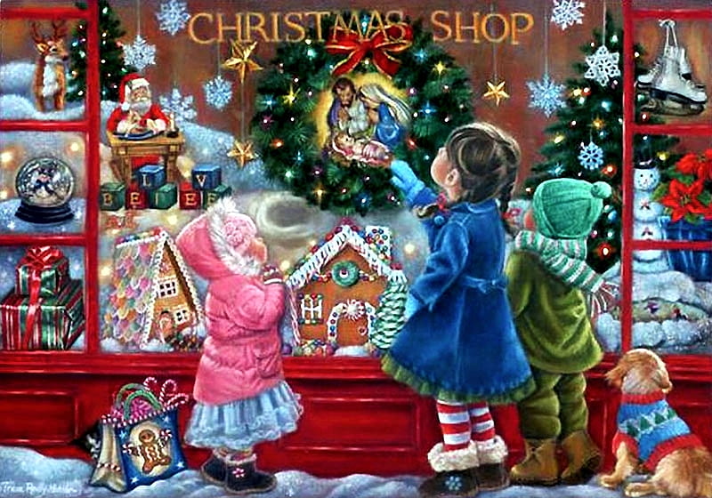 Christmas Blessings, shop, window, decoration, children, painting, artwork, HD wallpaper