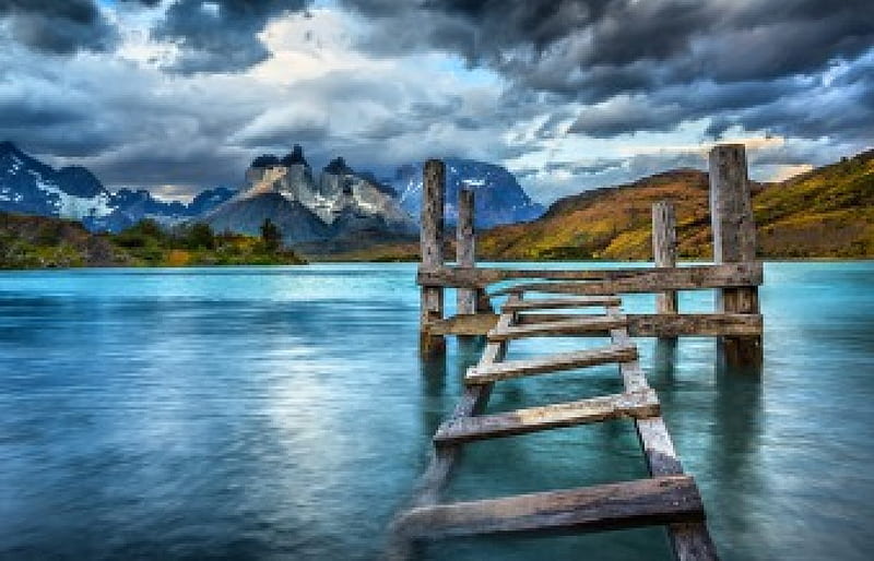 Old Pier At Pehoe Lake, National Park, Torres del Paine, bonito, sky, clouds, lake, mountains, Chile, Patagonia, blue, HD wallpaper