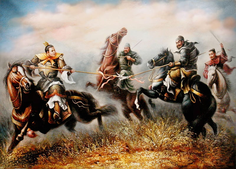 Combat between the three heroes against general Lu Bu at Hu-Lao Gate, horse, art, man, lu bu, cal, wang kewei, battle, fight, asian, painting, chinese, three heroes, pictura, HD wallpaper